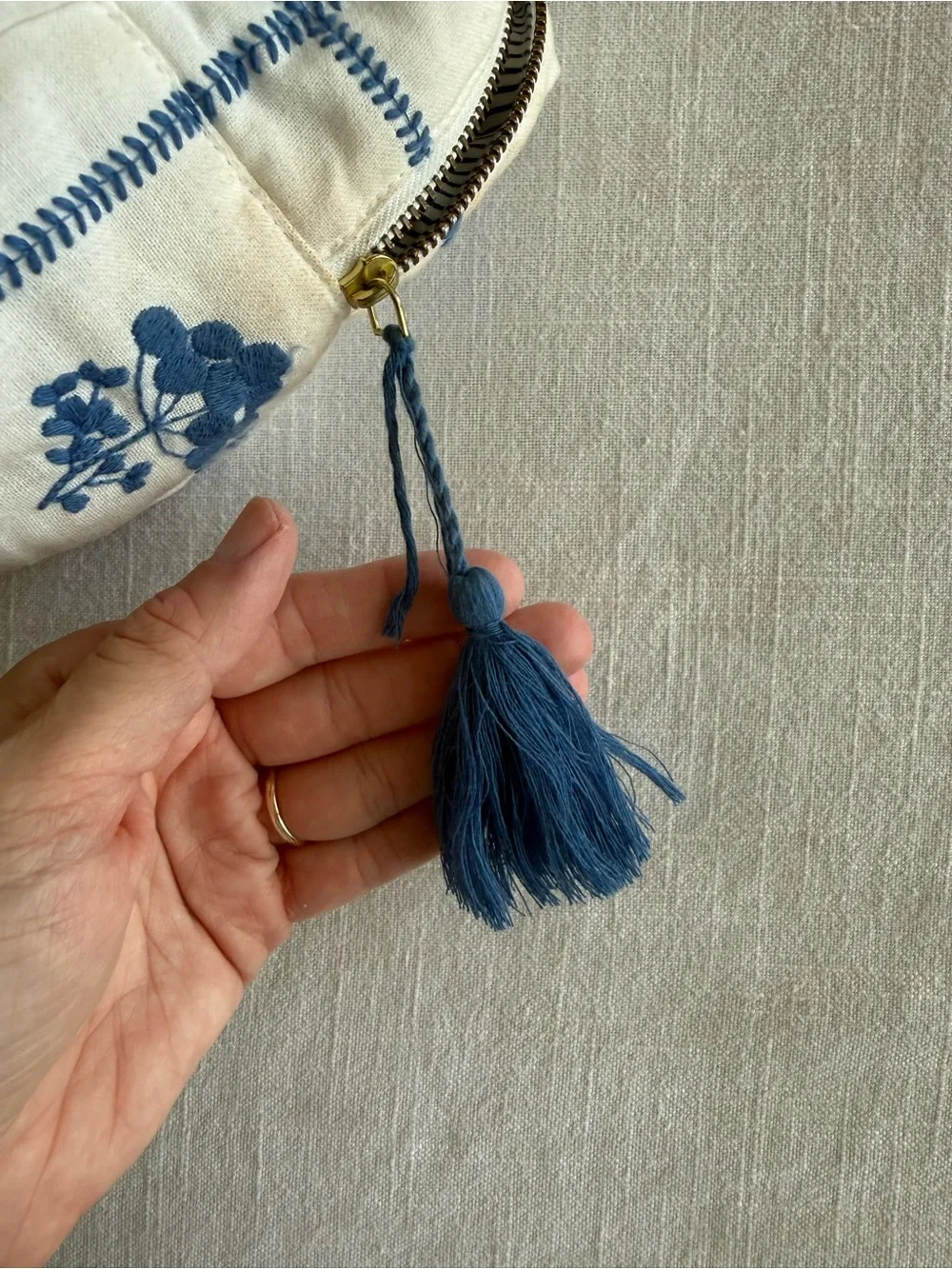 SEZANE Toiletry Bag in Ecru with Blue Embroidered Flowers